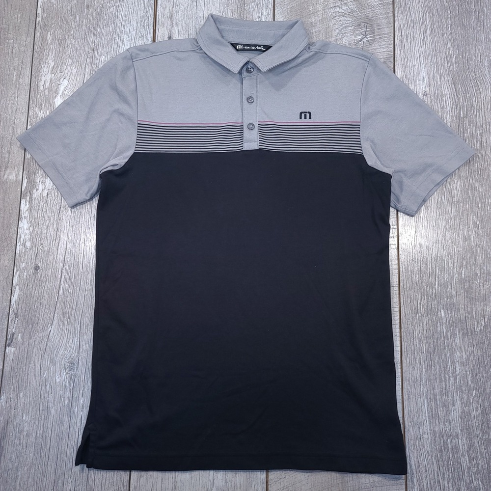 Travis Mathew Polo Shirt Mens Small Grey Black Striped Colorblock Short Sleeve